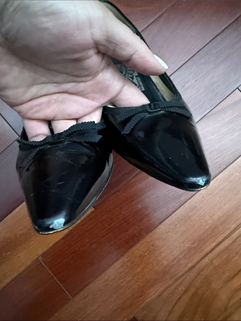 Salvatore Ferragamo Black Patent Pointed Toe Bow Kitten Heels